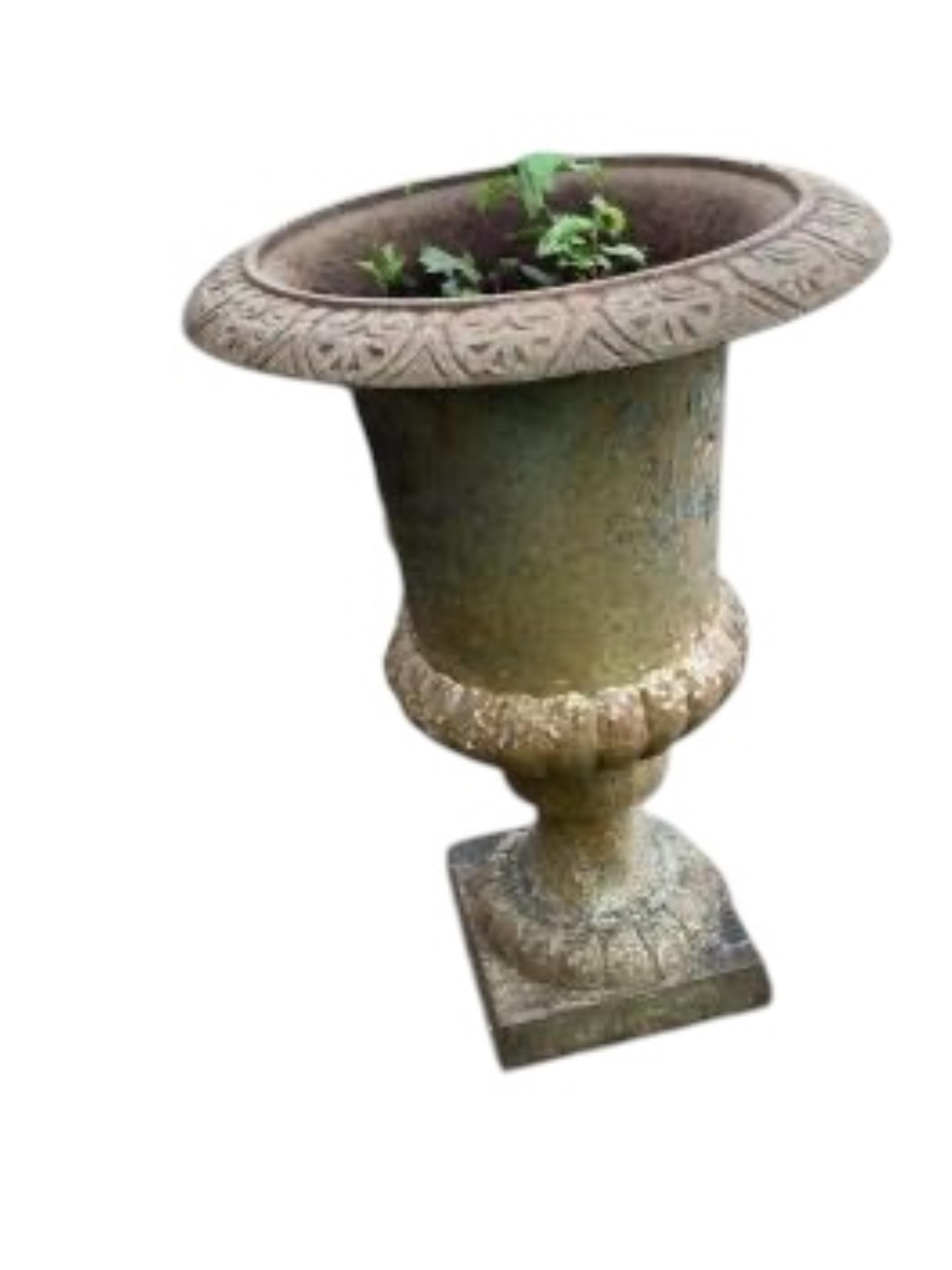 A pair of Victorian style cast iron campana garden urns, diameter 48cm, height 70cm